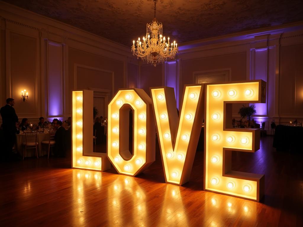Illuminated LED letters spelling LOVE at luxury Dubai wedding venue